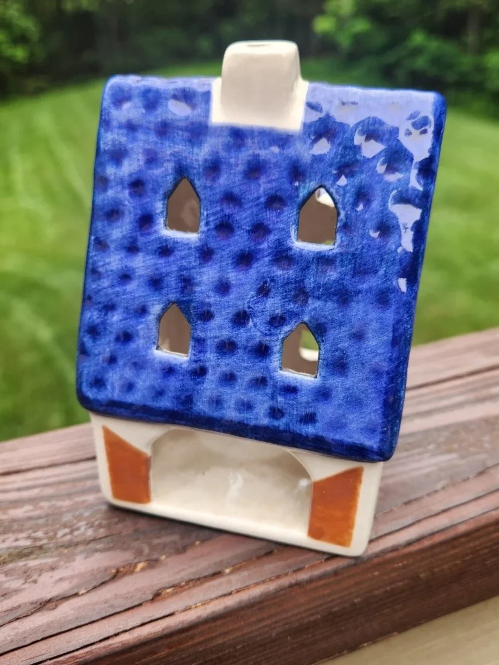 Ursula Leyk Lichthaus German Ceramic Tea Light House Blue Roof Signed 1997 5
